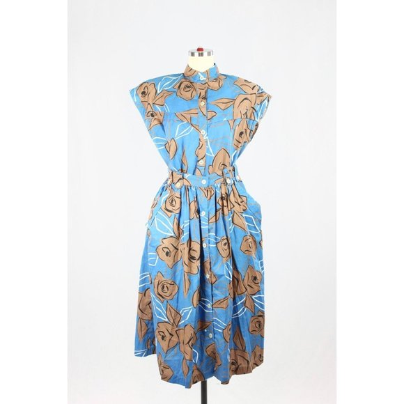 Vintage 90s LADY RUSTAN Blue Floral Polycotton Shirt Full Skirt Set, Size 12 - Picture 1 of 13